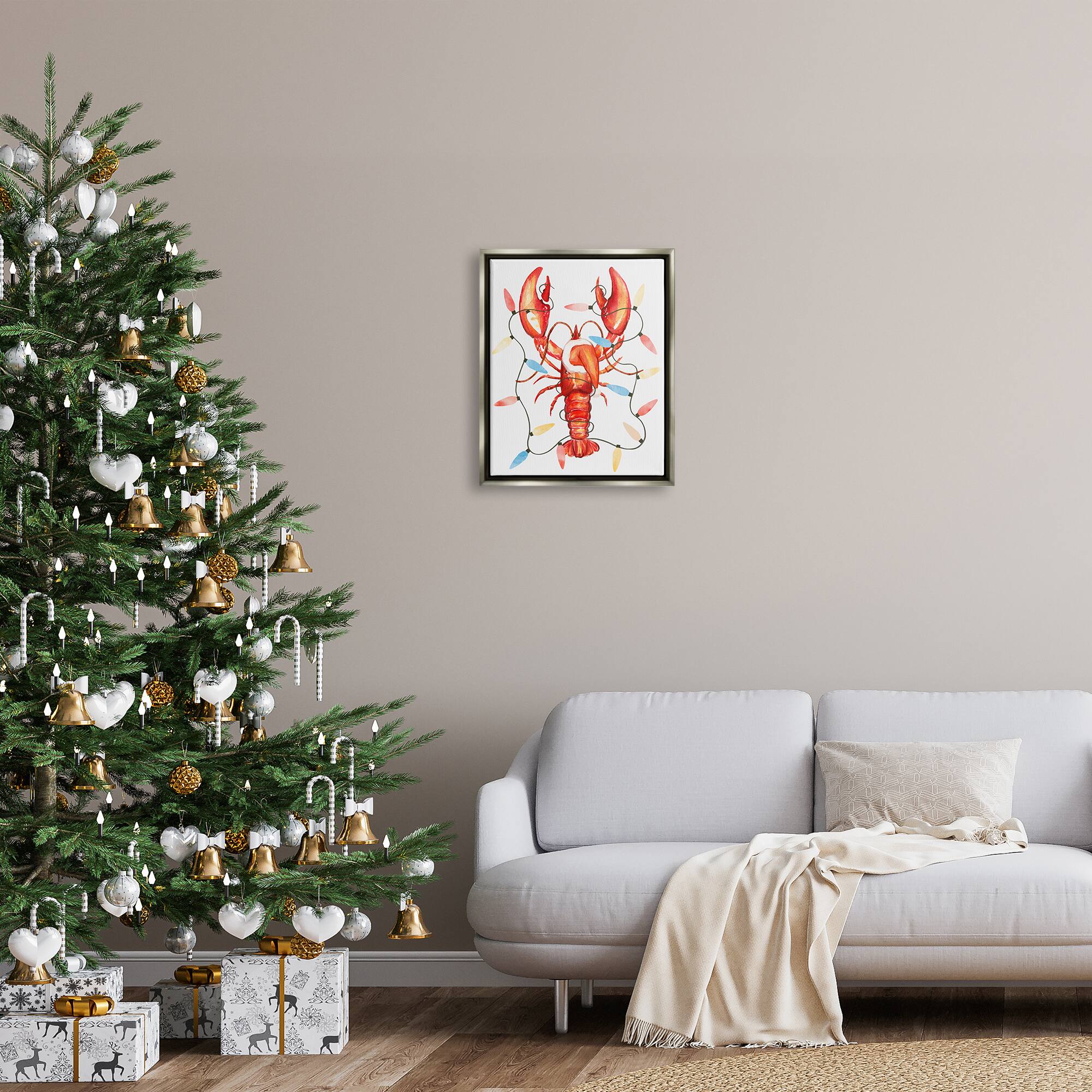 Stupell Industries Nautical Lobster Christmas Lights Framed Floater Canvas Wall Art